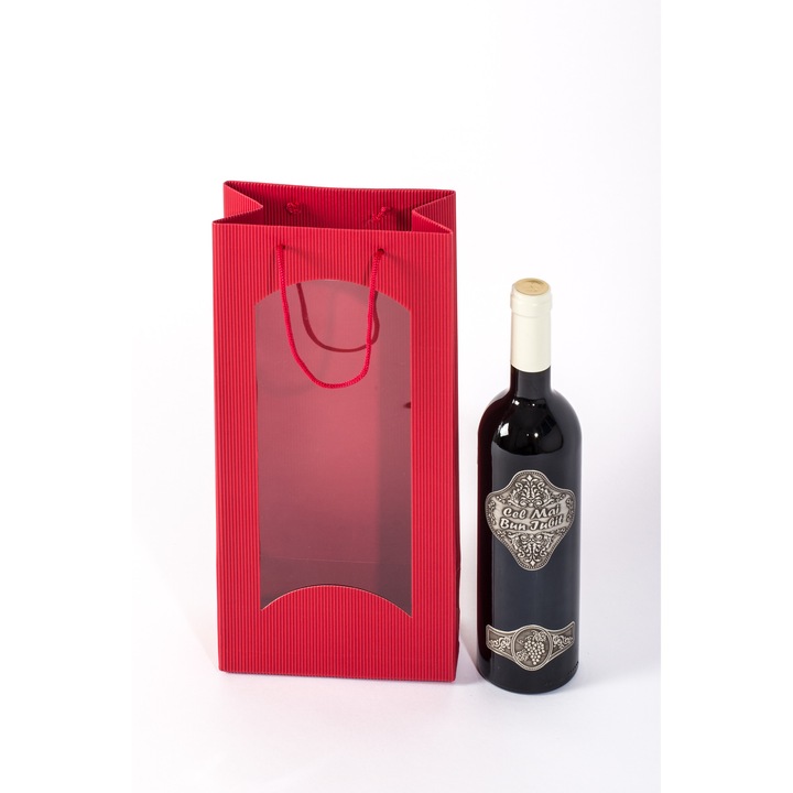 Punga pentru cadou - Nicas - punga pentru sticla de bautura cu fereastra - rosie kraft - tip St