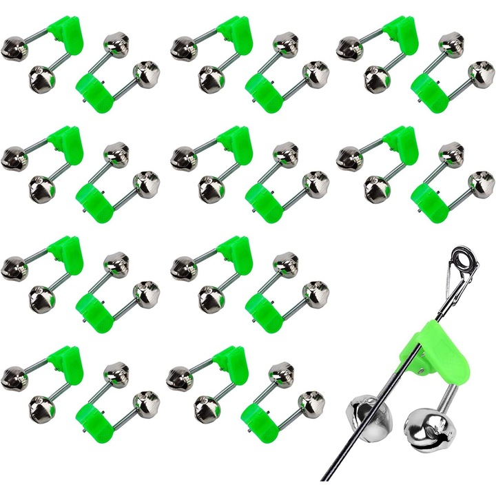 Set 20 clopotei pescuit, Metal/Plastic, Verde/Argintiu