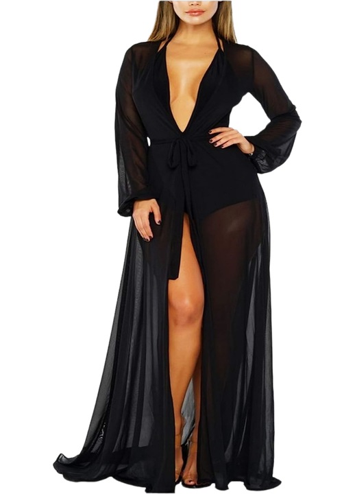 Halat/pareo de plaja, StarFashion, din voal, cu maneca lunga dreapta si cordon in talie, lung, Negru