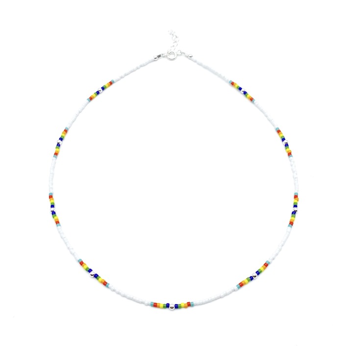 Colier cu bile din Argint 925 si margele Miyuki alb/multicolor, reglabil 39-42 cm