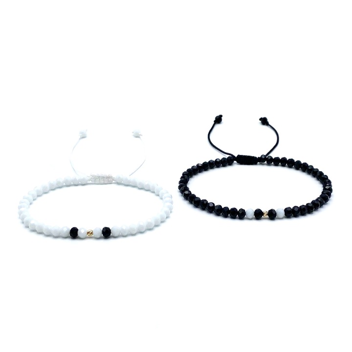 Set doua bratari cu bile din AUR 14K si cristale Alb-Negru, reglabile