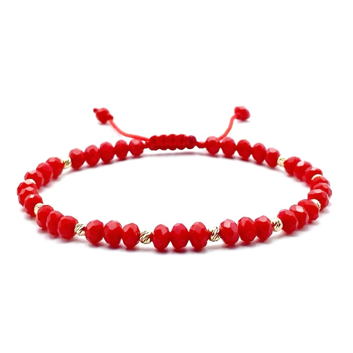 Bratara cu bile AUR 14K si Cristale rosii, reglabila, unisex