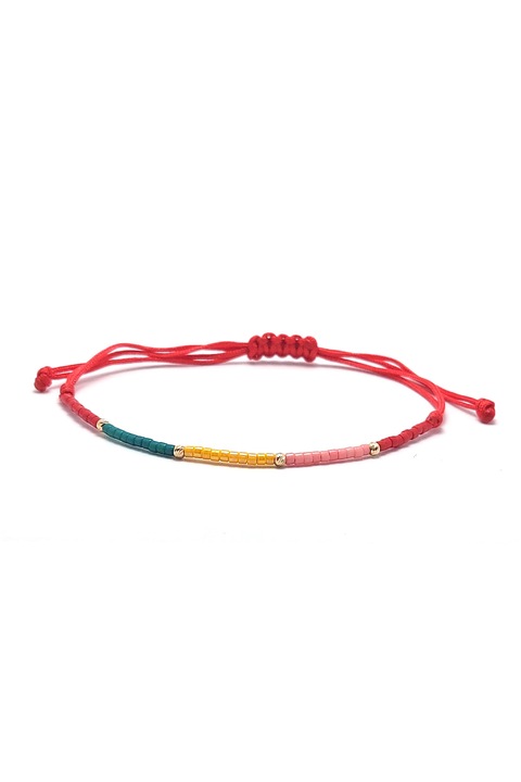 Bratara din snur rosu reglabil, cu bilute din aur 14K de 2 mm si miyuki de 2 mm