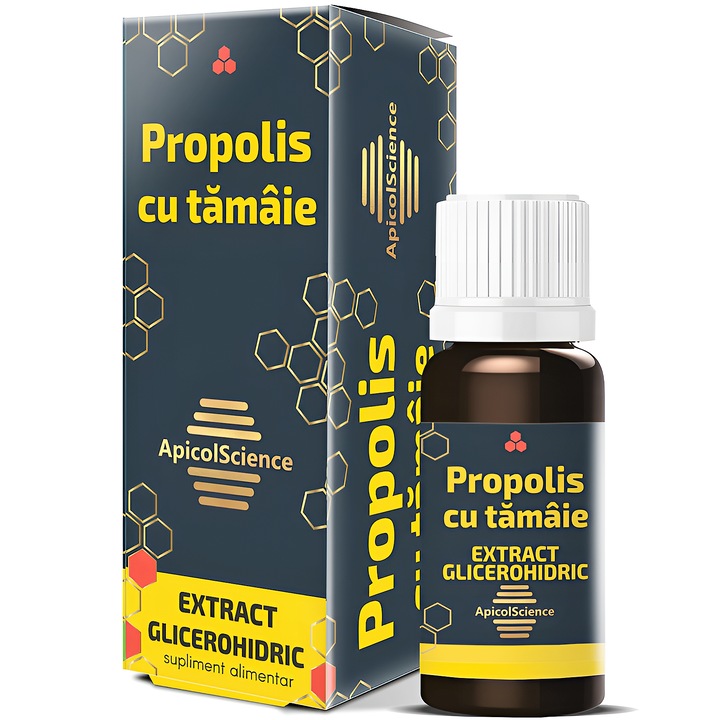 Propolis cu Tamaie extract glicerohidric, cu rol imunoregulator, antioxidant, antitumoral si antiinflamator, 30ml, Apicol Science