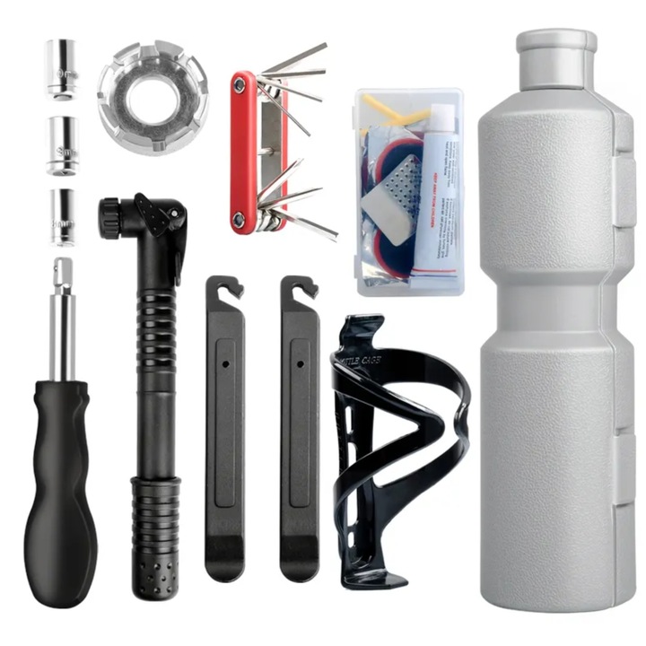 Kit pana si reparare bicicleta, multifunctional, pentru anvelope, frane, lumini, lanturi, portabil, cu cutie de depozitare, West Biking, multicolor