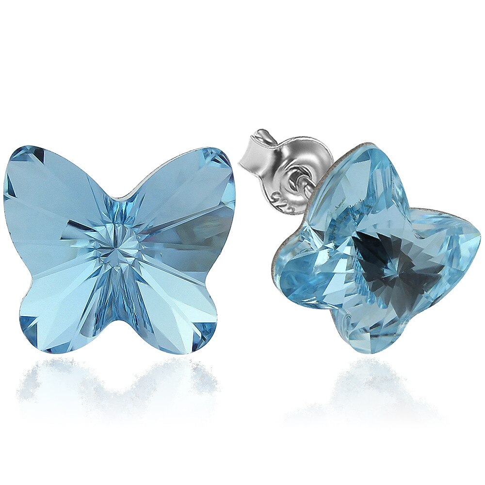 Cercei Argint 925 placat cu rodiu cu cristale Swarovski® Butterfly 10mm Surub Aquamarine