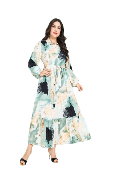 Rochie eleganta, lunga, cu cordon in talie, material fluid, cu imprimeu floral, multicolor, Marime XL