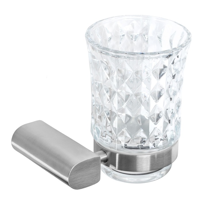 Pahar baie cu suport Argintiu Periat, Metal cu sticla, Fixare prin insurubare, 10x11x11.5 cm