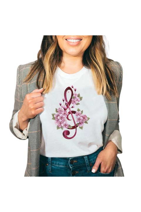 Tricou dama imprimat grafic, din bumbac, Cheia Sol, alb, L
