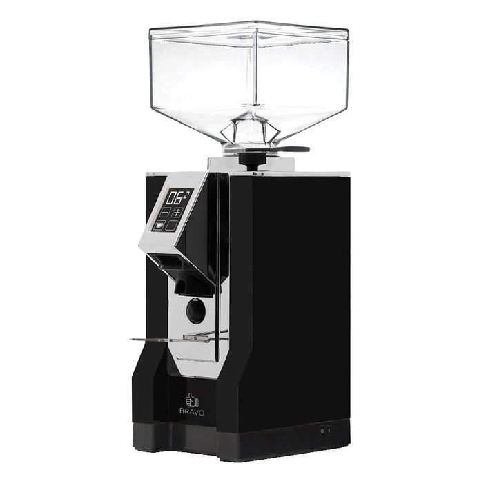 Електрическа кафемелачка Eureka Mignon Bravo, За домашна употреба/HoReCa, Контейнер за кафе на зърна 300 г, 1350 RPM, Дигитален екран, Автоматично дозиране, 10 степени на мелене, Остриета от неръждаема стомана, Матовочерен