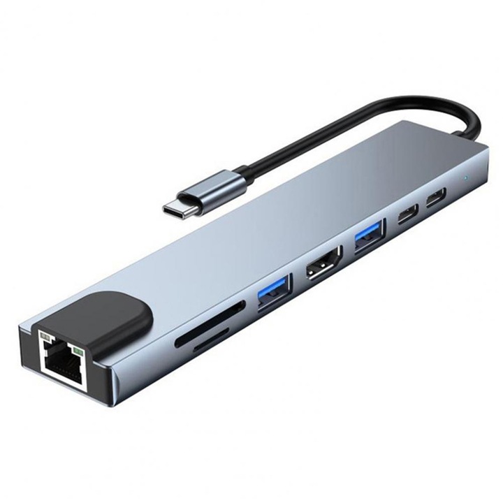 Хъб USB 3.1 тип C, 8 в 1 HDMI/USB3.0/USB2.0/2xUSB3.1-C/RJ45/SD/TF, алуминиев корпус, HOPE R