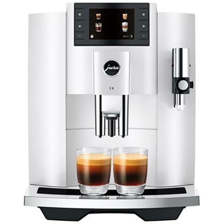 Кафеавтомат Jura E8 Piano White, 1450W, 15 бара, 17 напитки, Система за разпенване на мляко, Резервоар за вода 1,9 л, Контейнер за кафе 280 гр, Бял