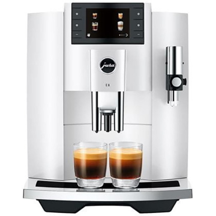 Espressor automat Jura E8 Piano White, 1450W, 15 bar, 17 bauturi, sistem spumare lapte, rezervor apa 1.9l, recipient cafea 280g, alb