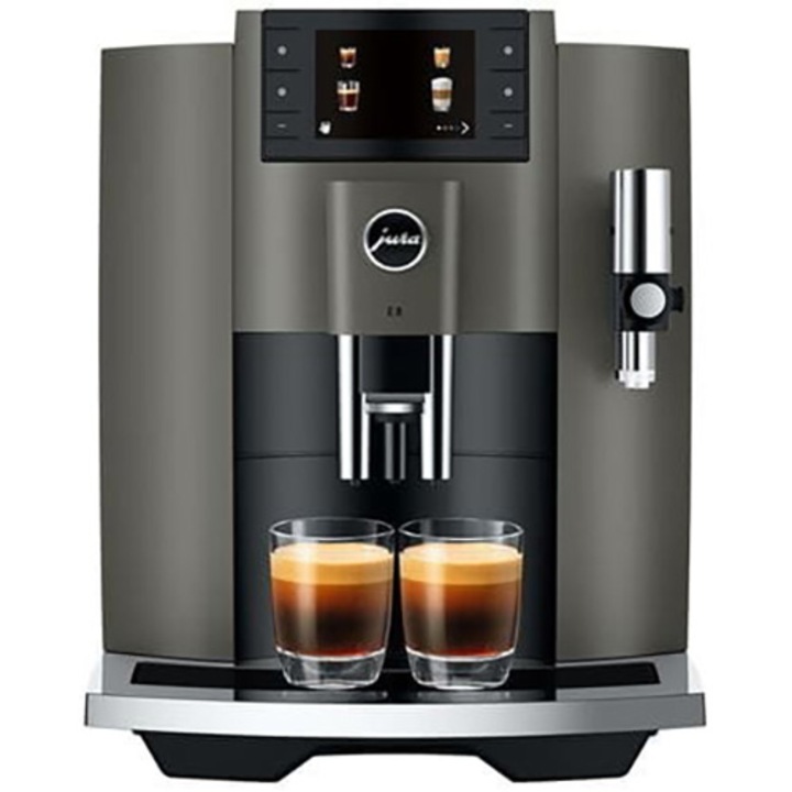 Кафеавтомат Jura E8 Piano Dark Inox, 1450W, 15 бара, 17 напитки, Система за разпенване на мляко, Резервоар за вода 1,9 л, Контейнер за кафе 280 гр, Сребрист