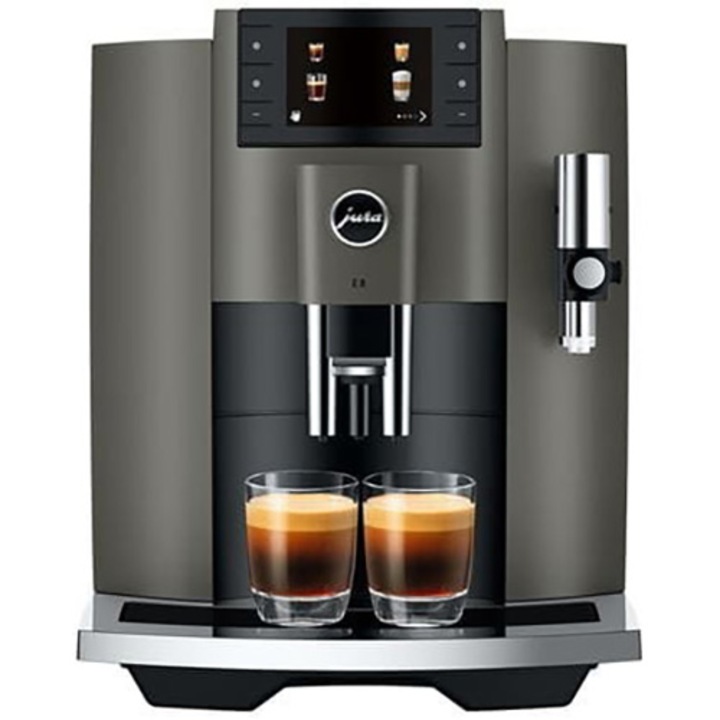 Espressor automat Jura E8 Piano Dark Inox, 1450W, 15 bar, 17 bauturi, sistem spumare lapte, rezervor apa 1.9l, recipient cafea 280g, argintiu