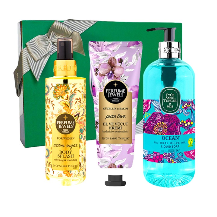 Set Eyup Sabri Tuncer, Spray de Corp Warm Sugar 250ml, Crema De Maini Si De Corp Pure Love 50 ml, Sapun Lichid Ulei De Masline Natural Ocean 500 ml