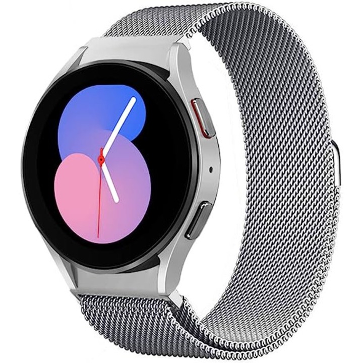 Каишка за часовник SAFEMORE, Метална, Съвместима със Samsung Galaxy Watch 5/5 Pro, Galaxy Watch 4 40/44 мм, Galaxy Watch 4 Classic 42/46 мм, Сребрист, 20 мм