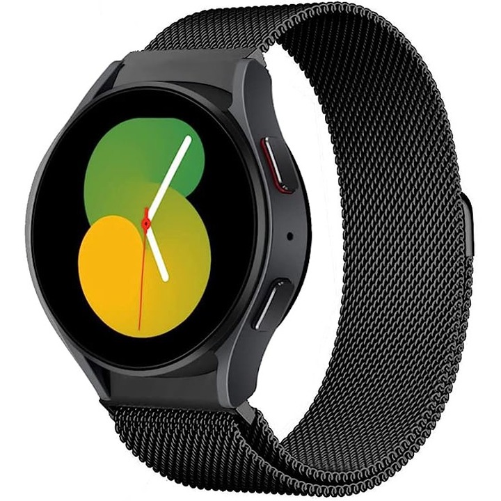 Curea ceas din metal milanez 20 mm, SAFEMORE, Ajustabila, Prindere Magnetica, compatibil cu Samsung Galaxy Watch 5/5 pro, Galaxy Watch 4/6/7 40/44 mm, Galaxy Watch 4 Classic 42/46 mm, Galaxy Watch 6 Classic 43/47mm, negru