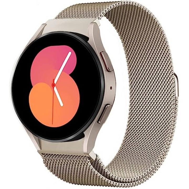 Curea ceas din metal milanez 20 mm, SAFEMORE, Ajustabila, Prindere Magnetica, compatibil cu Samsung Galaxy Watch 5/5 pro, Galaxy Watch 4/6/7 40/44 mm, Galaxy Watch 4 Classic 42/46 mm, Galaxy Watch 6 Classic 43/47mm, auriu vintage