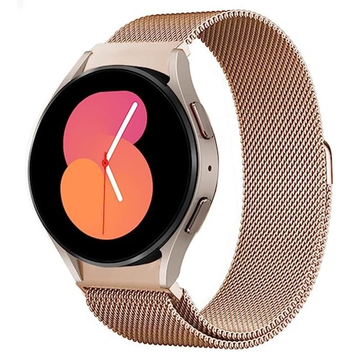 Curea ceas din metal milanez 20mm, SAFEMORE, Ajustabila, Prindere Magnetica, compatibil cu Samsung Galaxy Watch 5/5 pro, Galaxy Watch 4/6/7 40/44 mm, Galaxy Watch 4 Classic 42/46 mm, Galaxy Watch 6 Classic 43/47mm, aur/roz