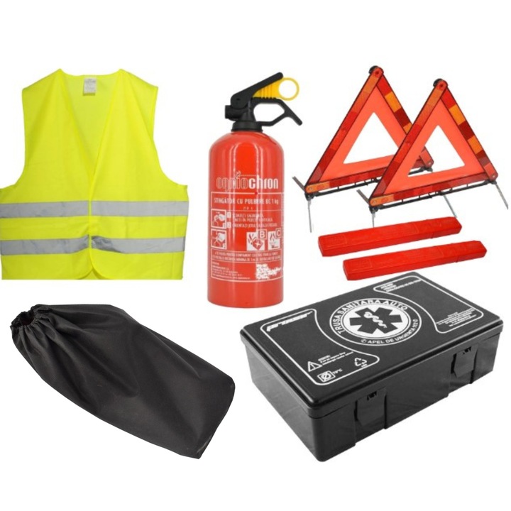 Одобрен комплект за автомобилна безопасност, SMARTIC, валиден 5 години - комплект за първа помощ, пожарогасител, 2 светлоотразителни триъгълника, светлоотразителна жилетка, чанта за съхранение