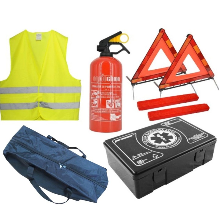 Комплект за безопасност на автомобила, SMARTIC, валиден 5 години: комплект за първа помощ, пожарогасител, 2 светлоотразителни триъгълника, светлоотразителна жилетка, чанта за съхранение