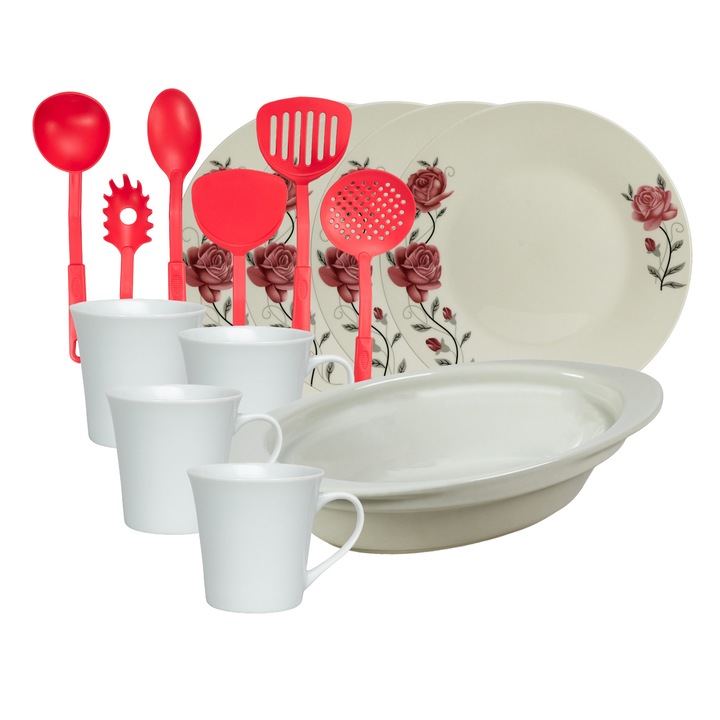 Vesela completa, 4 persoane, 15 piese, cana 200 ml, farfurie intinsa, tava termorezistenta, ustensile bucatarie, Portelan decorat cu Trandafiri roz