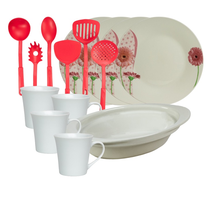 Vesela completa, 4 persoane, 15 piese, cana 200 ml, farfurie intinsa, tava termorezistenta, ustensile bucatarie, Portelan decorat cu Margareta