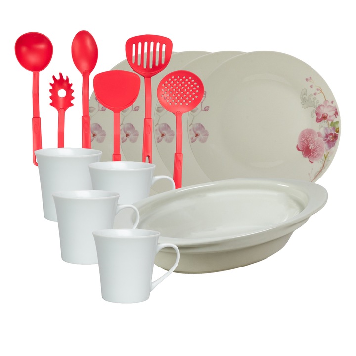 Vesela completa, 4 persoane, 15 piese, cana 200 ml, farfurie intinsa, tava termorezistenta, ustensile bucatarie, Portelan decorat cu Orhidee