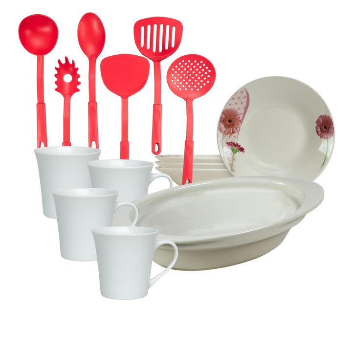 Vesela completa, 4 persoane, 15 piese, cana 200 ml, farfurie adanca, tava termorezistenta, ustensile bucatarie, Portelan decorat cu Margareta
