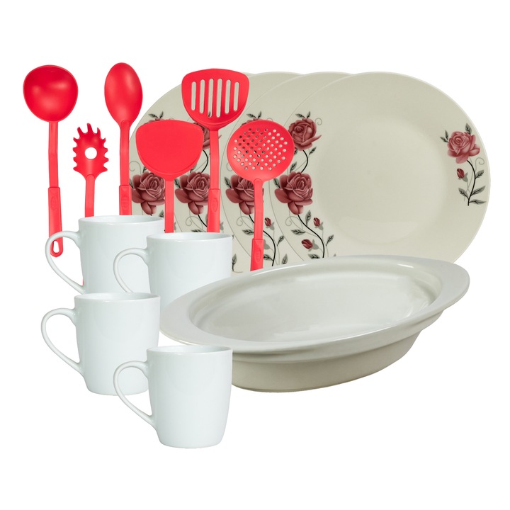 Serviciu de masa, 4 persoane, 15 piese, cana 220 ml, farfurie intinsa, tava termorezistenta, ustensile bucatarie, Portelan decorat cu Trandafiri roz