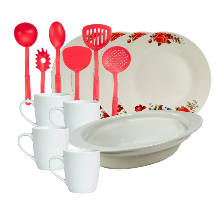 Serviciu de masa, 4 persoane, 15 piese, cana 220 ml, farfurie intinsa, tava termorezistenta, ustensile bucatarie, Portelan decorat cu Trandafiri rosii