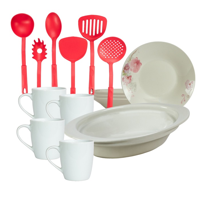 Serviciu de masa, 4 persoane, 15 piese, cana 220 ml, farfurie adanca, tava termorezistenta, ustensile bucatarie, Portelan decorat cu Orhidee