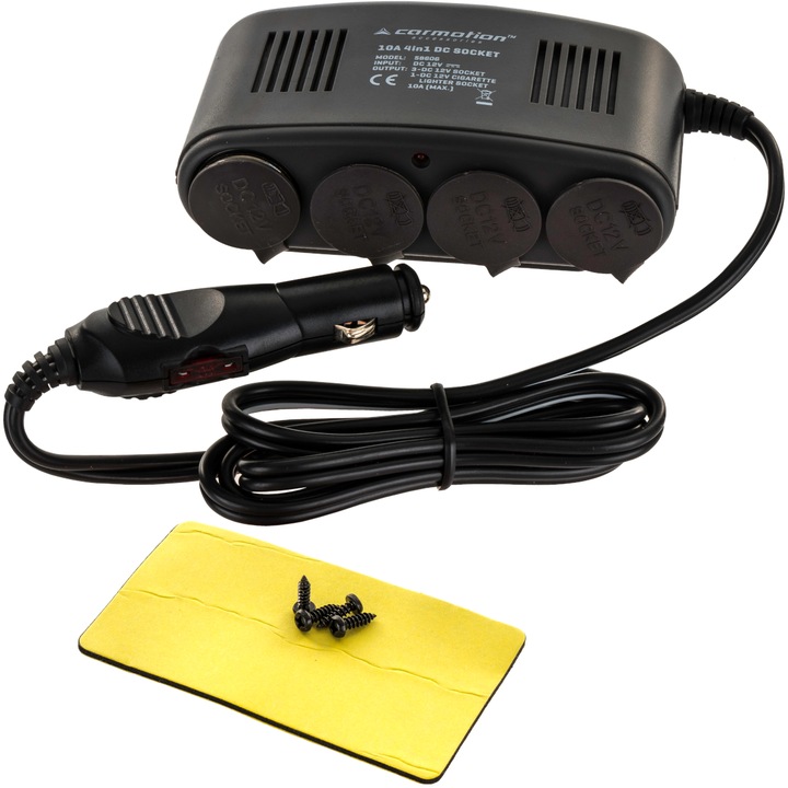 Stecher 4 prize, una pentru bricheta, 12V, 20A, Heavy Duty, cu capace si cablu 120cm gros, Carmotion 58606