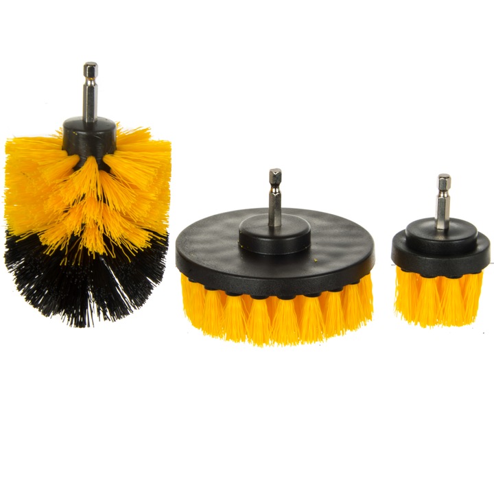 Set 3 Perii de curatare, Silver, cap de 2"/3,5",4", Negru/galben