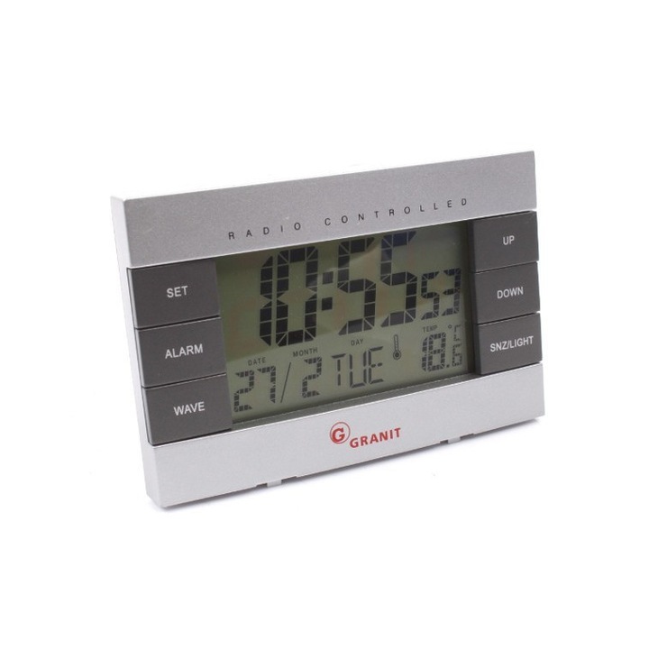Ceas radio, Inspiration, Cu afisaj LED, Iluminat, Pe baterii, Argintiu