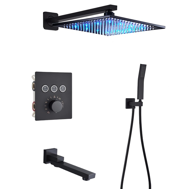 Душ комплект с термостат и 40 см LED душ слушалка, с токогенерираща турбина, от масивен месинг, с 3 водни струи, черен мат