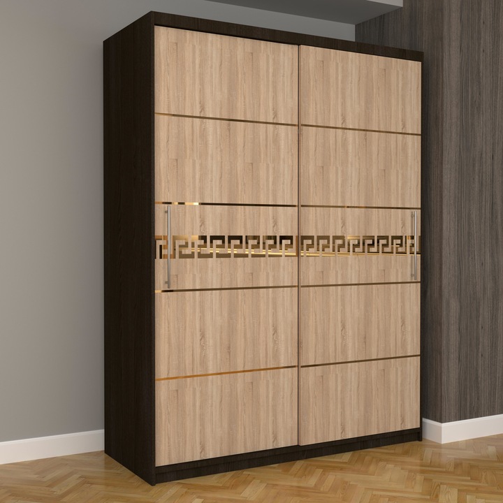 Dulap Dormitor Stefan Gold 150 cm x 200 cm x 61 cm, fara oglinda, wenge cu usi glisante sonoma