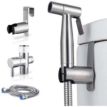Set Dus Igienic Elindor® pentru Igiena Intima, Baterie Bideu si WC din Otel Inoxidabil, Furtun Flexibil + Adaptor T + Para + Agatatoare, Presiune Reglabila, Filet 1/2, Argintiu