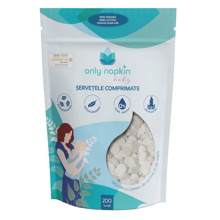 Servetele umede comprimate Only Napkin biodegradabile, 100% apa, 200 buc