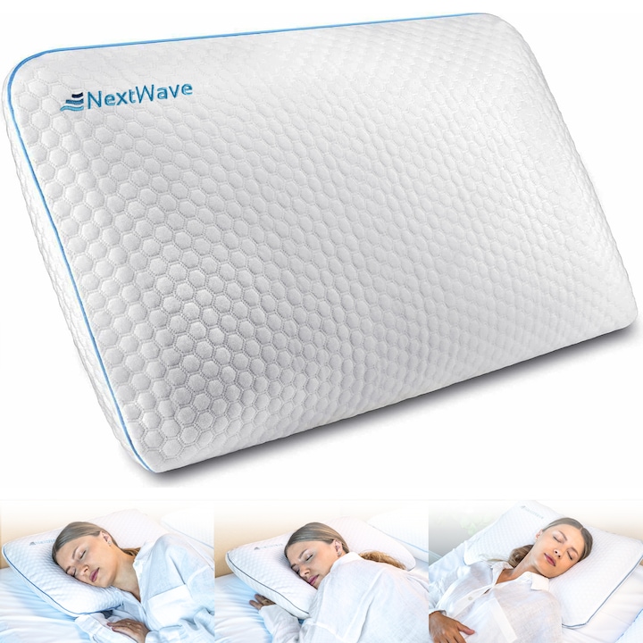 Perna ortopedica pentru dormit NextWave, Spuma cu Memorie cu gel ventilata, Husa detasabila cu 2 zone termice, ergonomica pentru Gat si Suport Cervical, Ideala pentru dormitul lateral, spate sau stomac