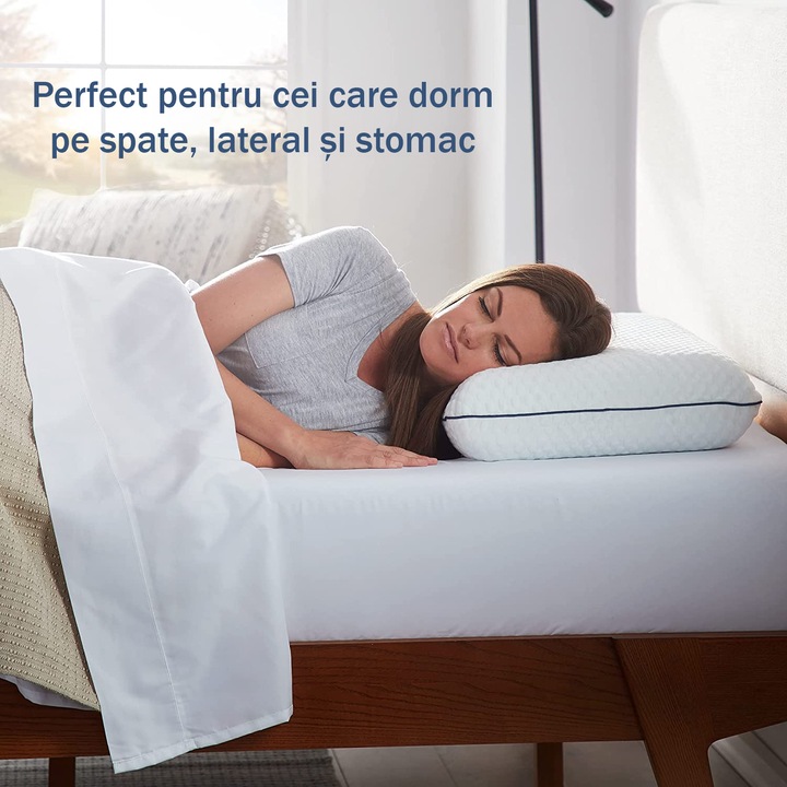 Perna ortopedica pentru dormit NextWave, Spuma cu Memorie cu gel ventilata, Husa detasabila cu 2 zone termice, ergonomica pentru Gat si Suport Cervical, Ideala pentru dormitul lateral, spate sau stomac