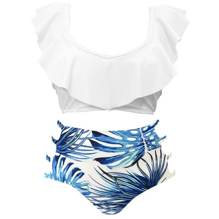 Costum de baie pentru fetite, 2 piese, sutien cu volane, si slip modern, imprimeu cu frunze albastre, perfect pentru plaja sau inot, Alb/Albastru