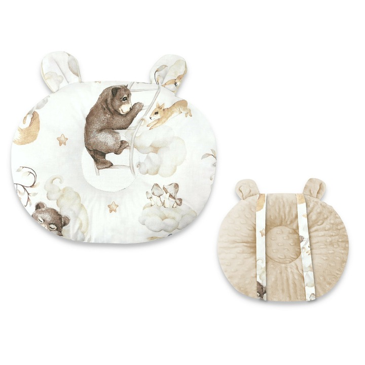 Perna, Qmini, Ursulet, Multifunctionala, Cu doua fete, Tesatura pufoasa minky si bumbac, Materiale certificate Oeko Tex Standard 100, Dimensiune 30x23 cm, Minky Teddy Bear and Friends Beige