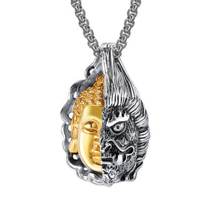 Lant model double face, cu pandantiv Buddha and Devil demon, unisex, argintiu cu auriu, EFAYN