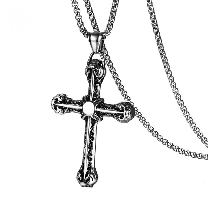 Lánc kereszt medállal, szent kereszt modell, M2 régi templom, unisex, sötét ezüst, EFAYN