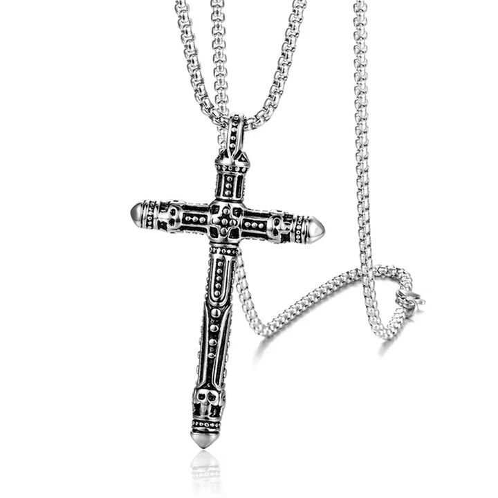 Lánc kereszt medállal, szent kereszt modell, M4 azték stílus, unisex, antik ezüst, EFAYN