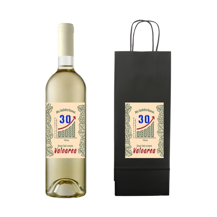 Set personalizat sticla de vin alb, demisec, Sauvignon Blanc, 750 ml si punga de cadouri cu imprimeu Nu Imbatranesc, creste valoarea 30 ani