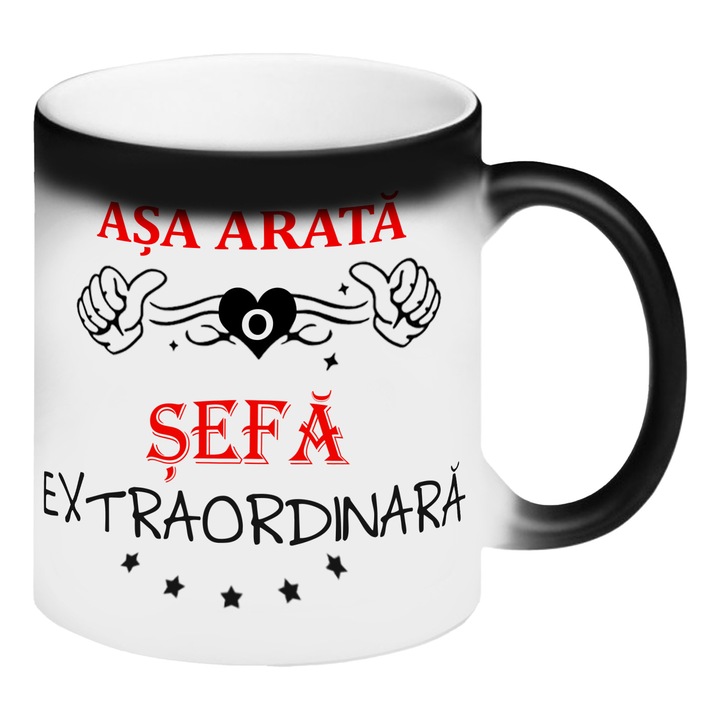 Cana termosensibila neagra personalizata Asa arata o sefa extraordinara, 325 ml, Pop Radu Daniel II