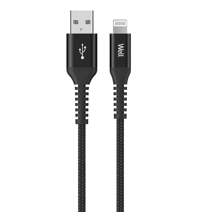 USB 2.0 A csatlakozó kábel - Lightning, 1m, fekete, Well